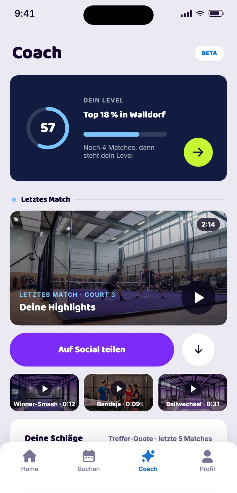 KI-Coach mit Level, Match-Highlights und Schlag-Quoten