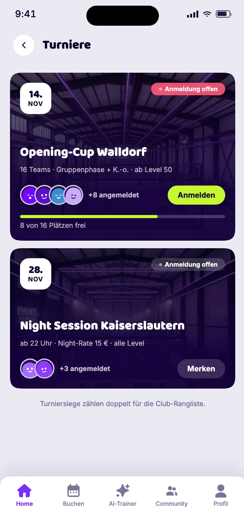 App-Vorschau: Turniere und Events mit Datum und angemeldeten Spielern