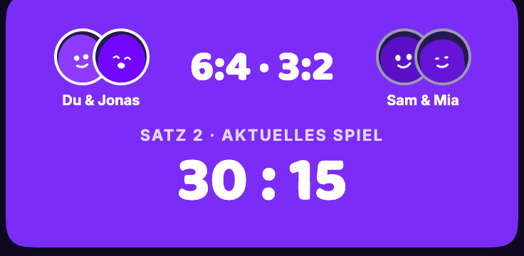 Live-Stand in der App: Du und Jonas gegen Sam und Mia, Satz 2, 30:15