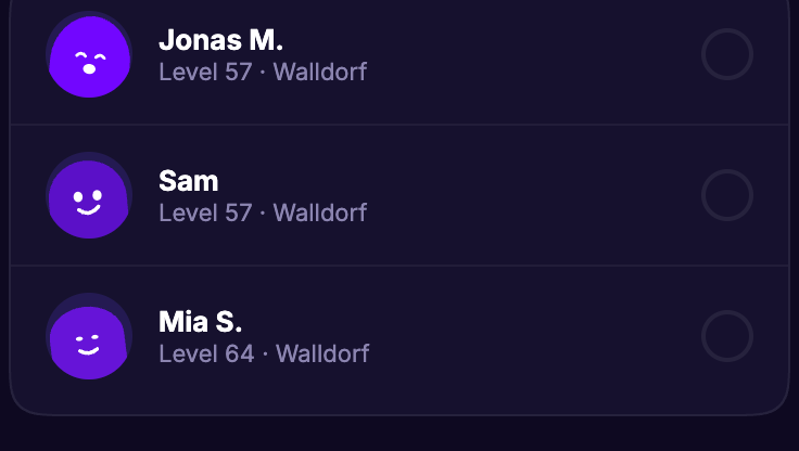 Mitspieler wählen: Jonas, Sam und Mia mit ihrem Level in Walldorf