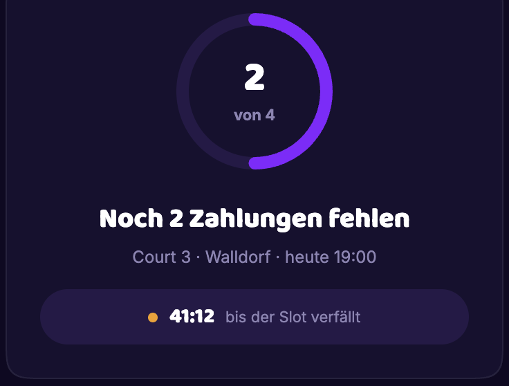 Zwei von vier Zahlungen sind da, 41 Minuten bis der Slot verfällt
