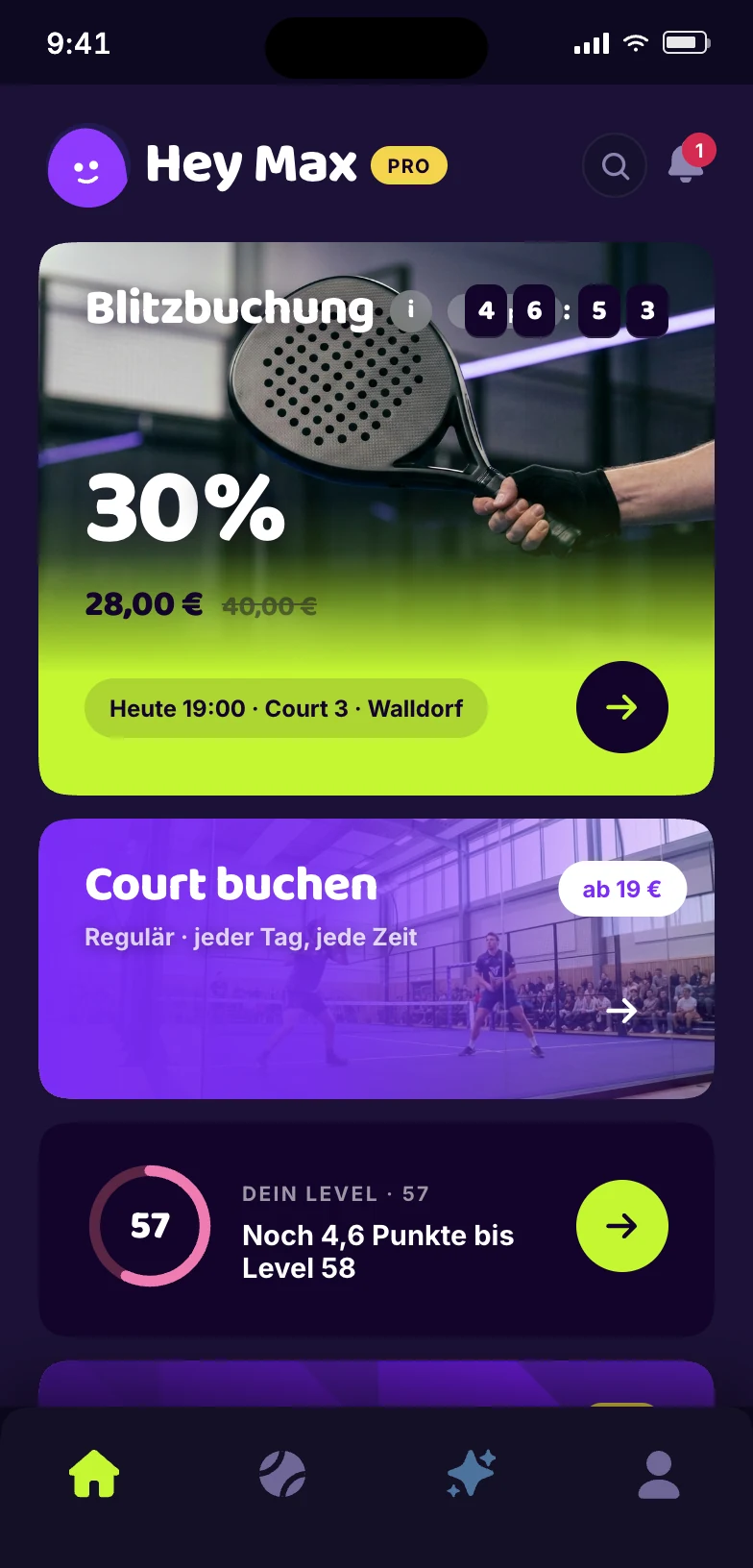 Startseite mit Blitzbuchung: ausgewaehlter Slot zum reduzierten Platzpreis