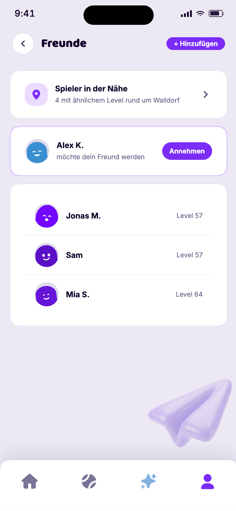 App-Vorschau: Freundesliste mit Leveln und offener Anfrage