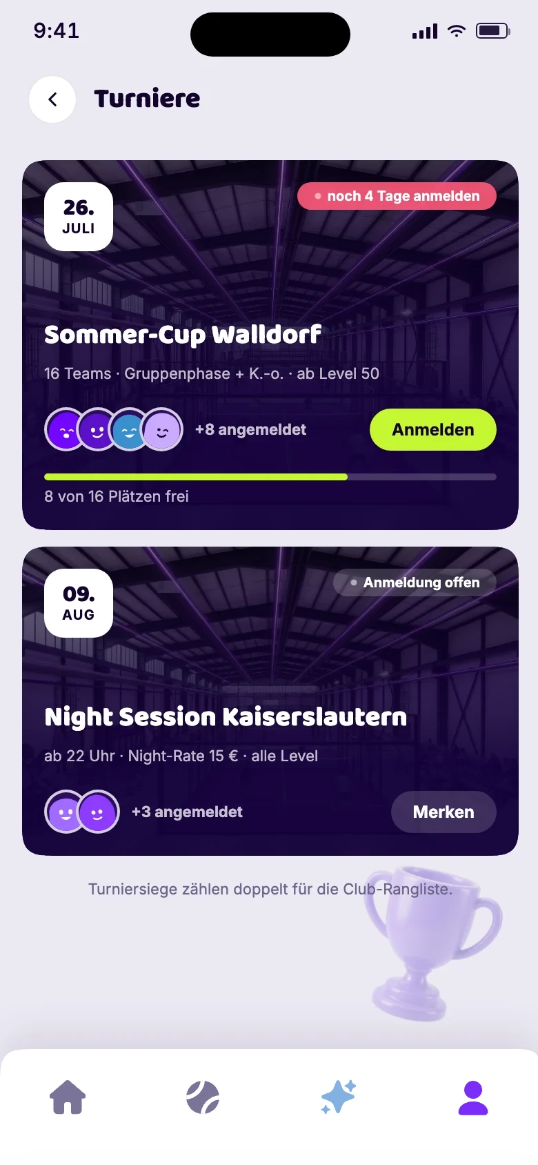 App-Vorschau: Turniere und Events mit Datum und angemeldeten Spielern